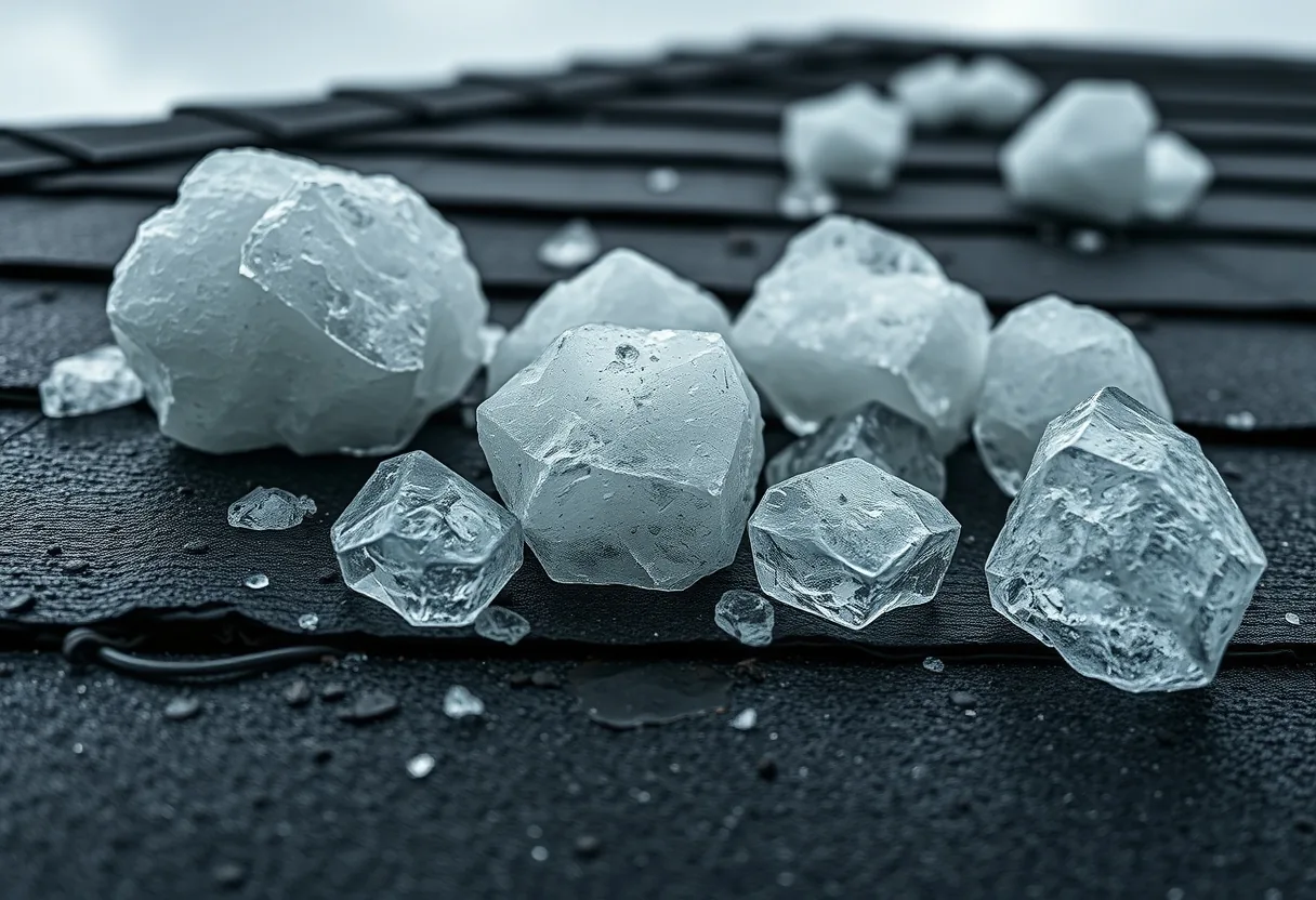 Large hail stones resting on a dented, bruised asphalt shingle roof in Colorado after a summer storm
