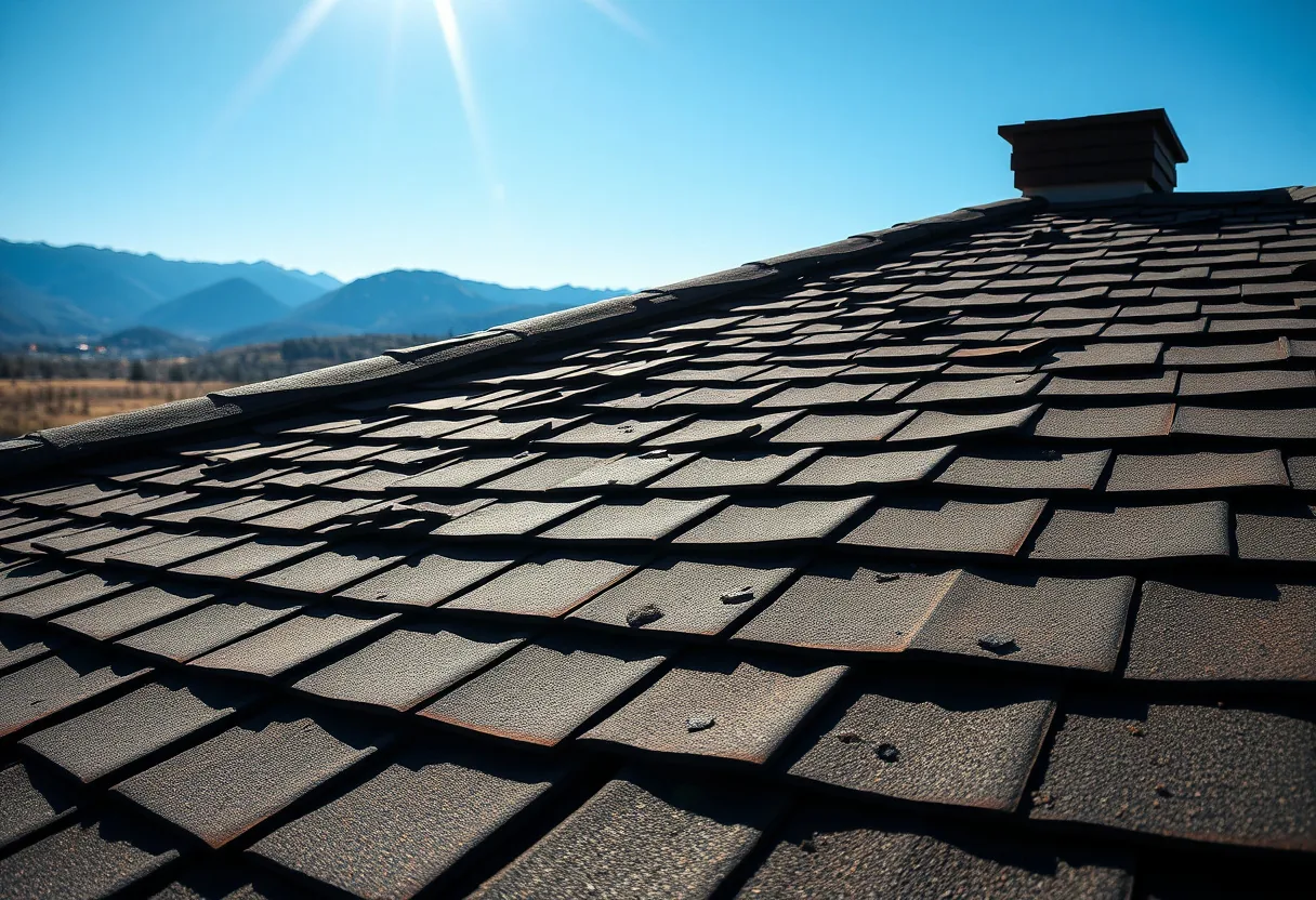 Weathered asphalt shingle roof baking under intense high-altitude Colorado sun with Pikes Peak and the front range mountains in the background