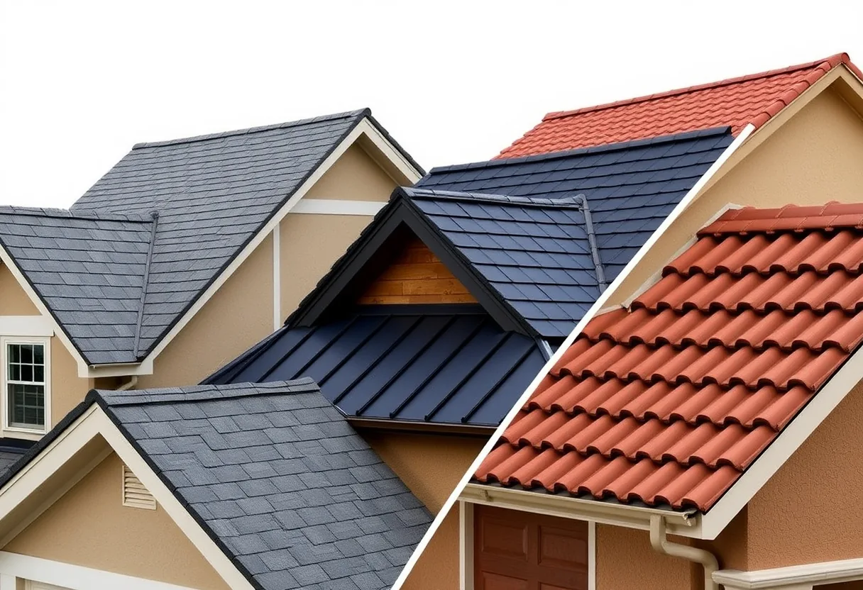 Side-by-side comparison of architectural asphalt shingle, standing-seam metal, and concrete tile roofing on Colorado Springs homes with Pikes Peak in the background