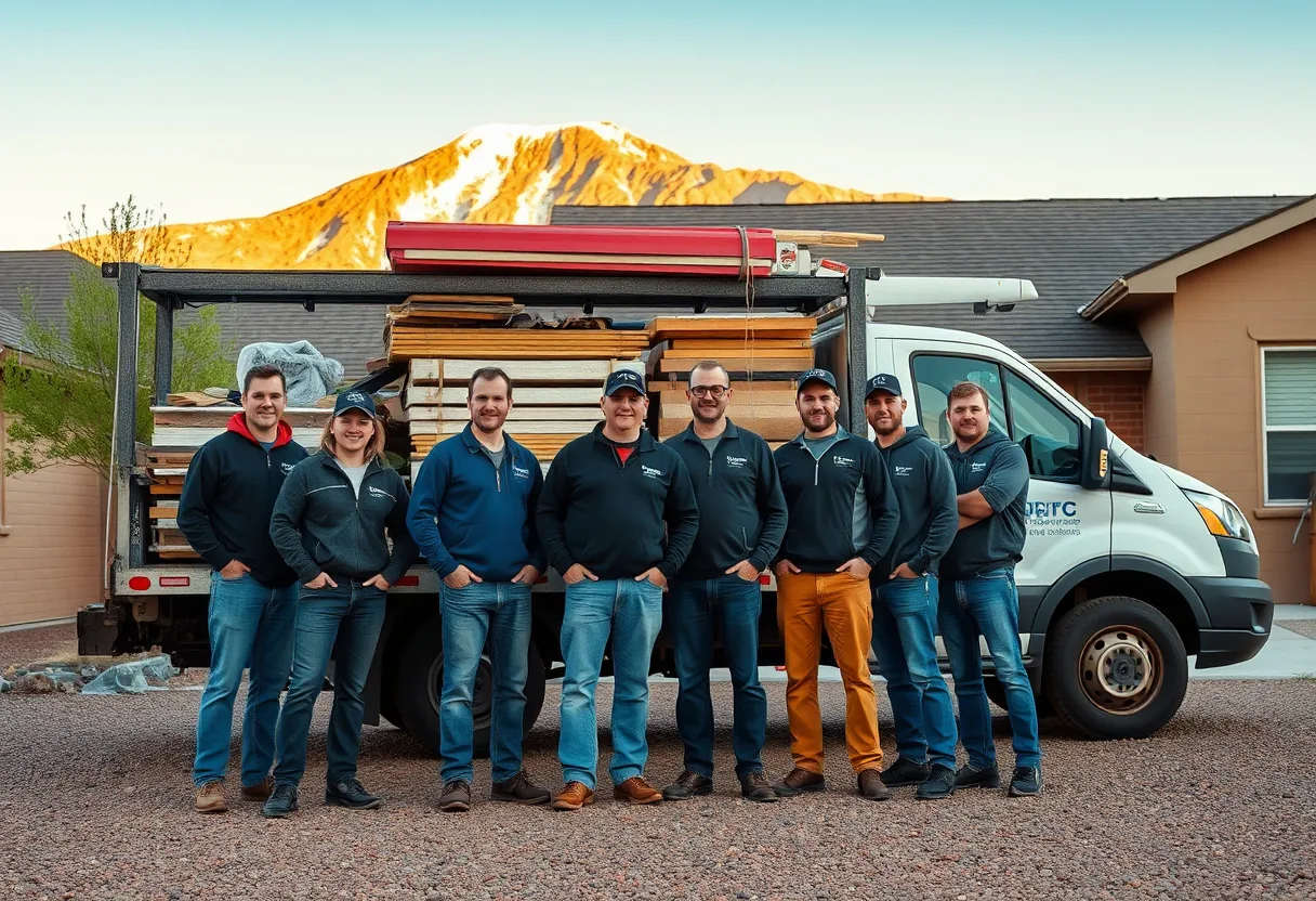Pikes Peak Roofing crew standing with their truck in front of a Colorado Springs home with the mountains behind