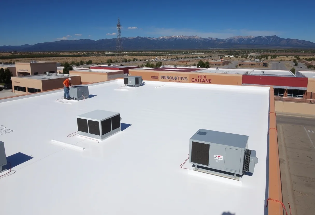 White reflective TPO commercial roof on a Colorado Springs industrial building with Pikes Peak in the background