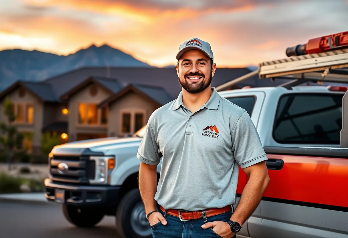 Pikes Peak Roofing truck and crew in front of a Colorado Springs home at golden hour