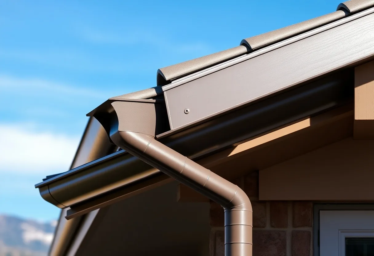 Seamless aluminum gutters and downspouts along the eave of a Colorado Springs home with Pikes Peak in the background