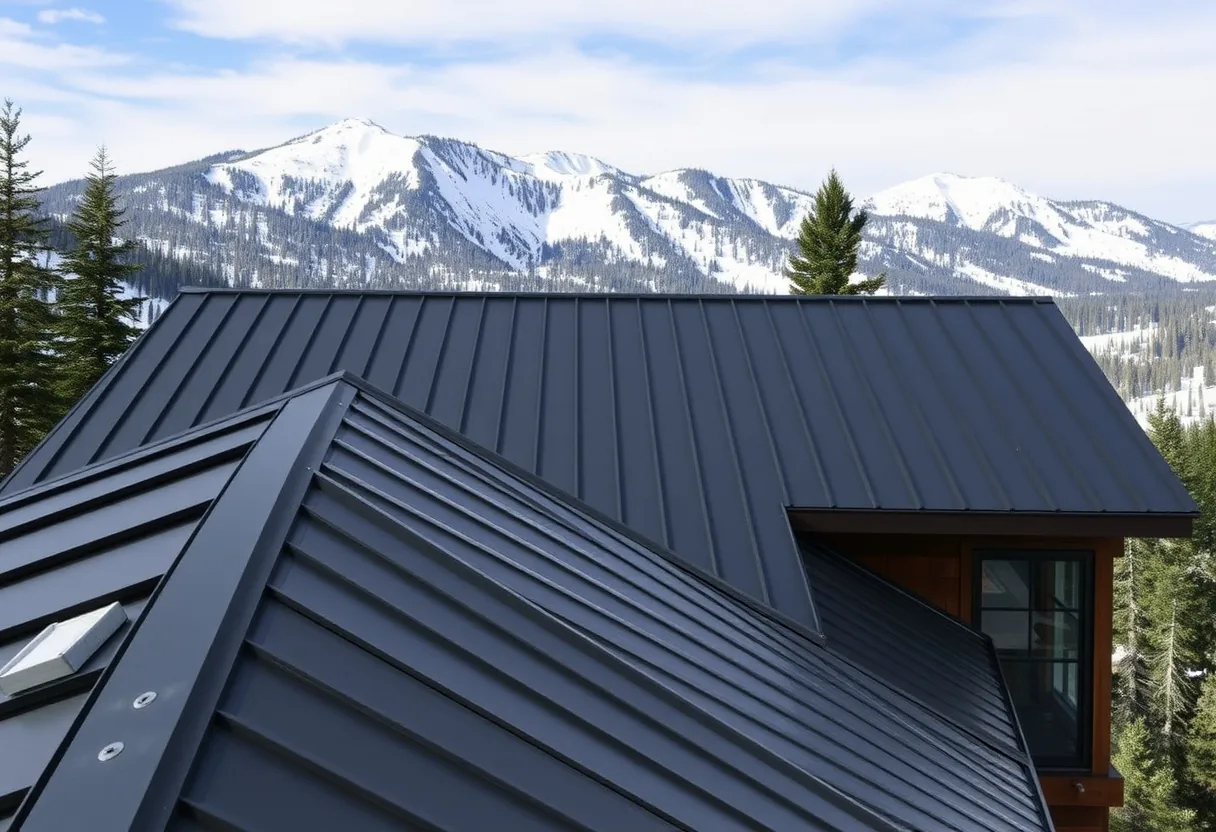 Metal roof on a mountain home near Pikes Peak under a clear Colorado sky