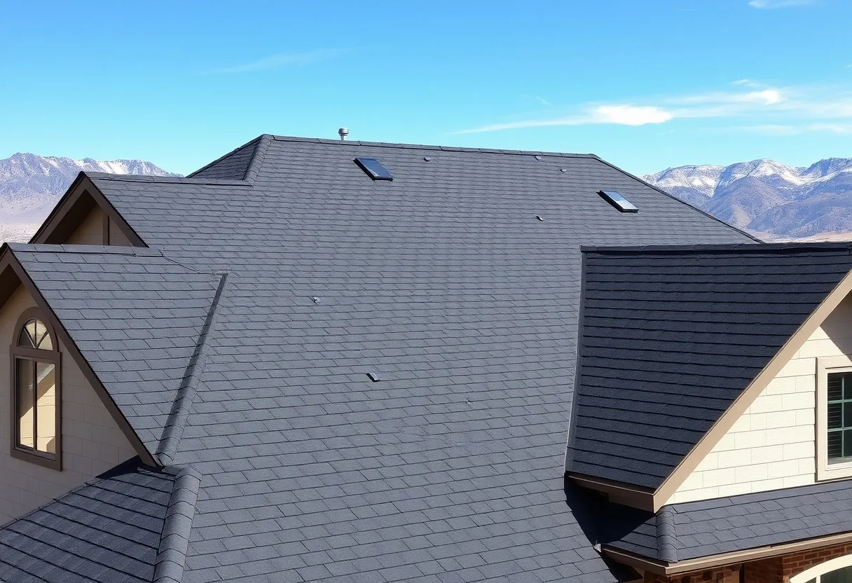 Roofing crew installing new architectural asphalt shingles on a Colorado Springs home with Pikes Peak in the background