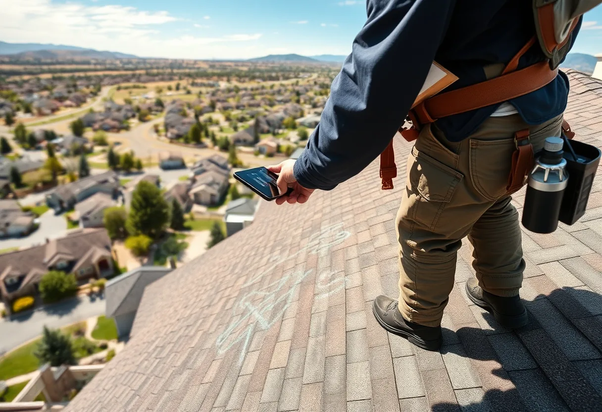 Roofing inspector on a Colorado Springs asphalt shingle roof checking for hail bruising with Pikes Peak in the background