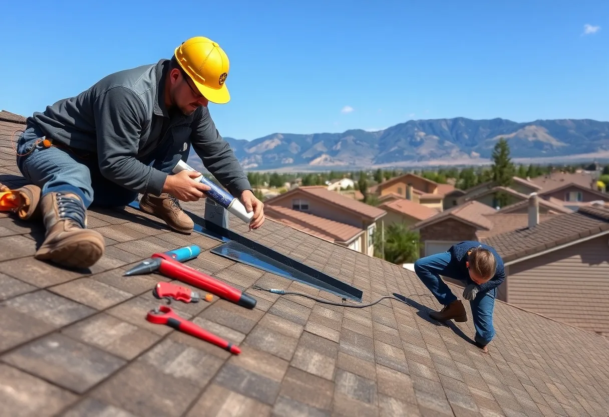 Roofer repairing shingles and flashing on a residential roof with Pikes Peak visible in the background