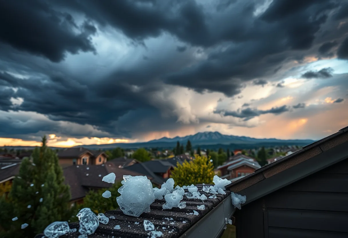 Large hailstones scattered across an asphalt shingle roof with visible impact bruising in Colorado Springs